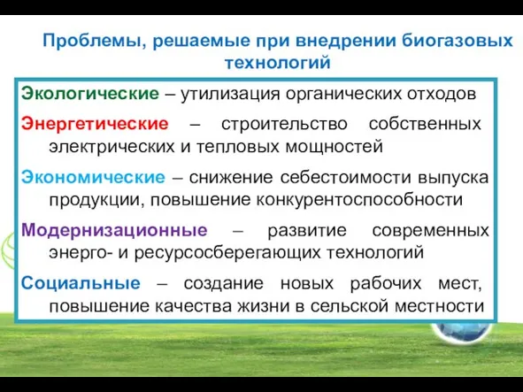 Экологические – утилизация органических отходов Энергетические – строительство собственных электрических