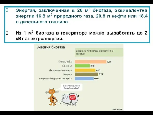 Энергия, заключенная в 28 м3 биогаза, эквивалентна энергии 16.8 м3 природного газа, 20.8