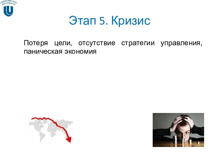 Этап 5. Кризис Потеря цели, отсутствие стратегии управления, паническая экономия