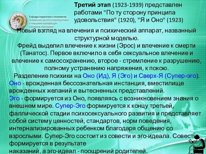 Третий этап (1923-1939) представлен работами "По ту сторону принципа удовольствия"