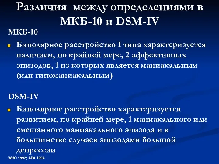 Различия между определениями в МКБ-10 и DSM-IV МКБ-I0 Биполярное расстройство