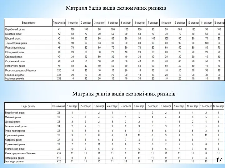 Матриця балів видів економічних ризиків Матриця рангів видів економічних ризиків 17