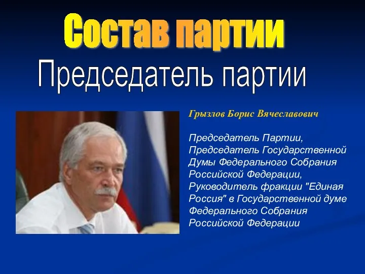 Председатель партии Грызлов Борис Вячеславович Председатель Партии, Председатель Государственной Думы