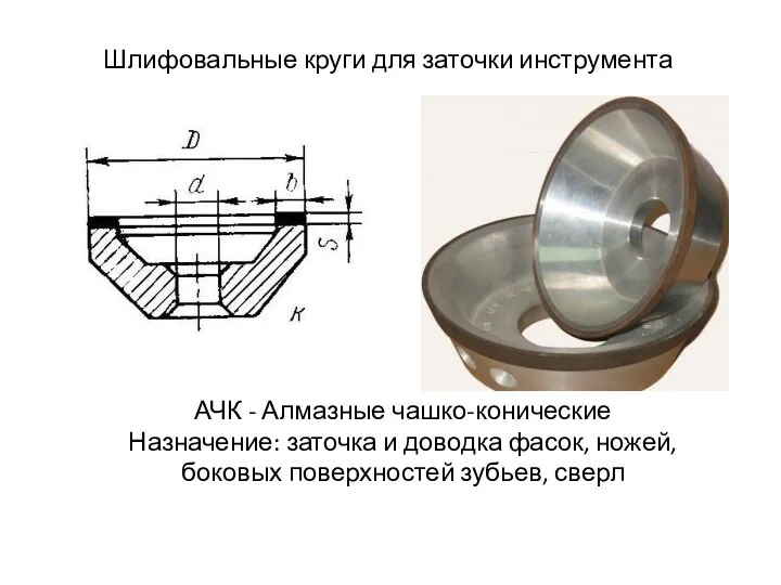 Шлифовальные круги для заточки инструмента АЧК - Алмазные чашко-конические Назначение: