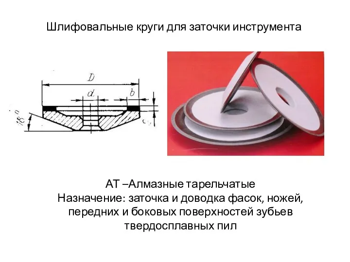 Шлифовальные круги для заточки инструмента АТ –Алмазные тарельчатые Назначение: заточка и доводка фасок,