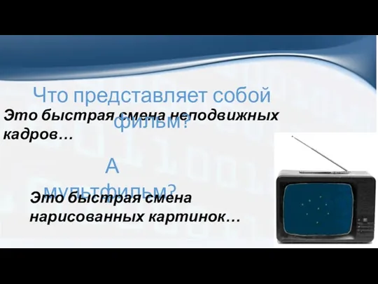 Это быстрая смена неподвижных кадров… Что представляет собой фильм? А мультфильм? Это быстрая смена нарисованных картинок…