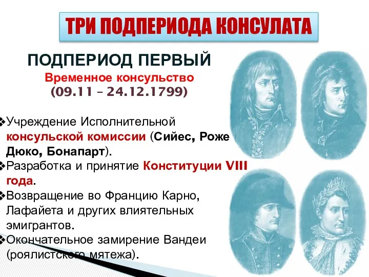 ПОДПЕРИОД ПЕРВЫЙ Временное консульство (09.11 – 24.12.1799) Учреждение Исполнительной консульской