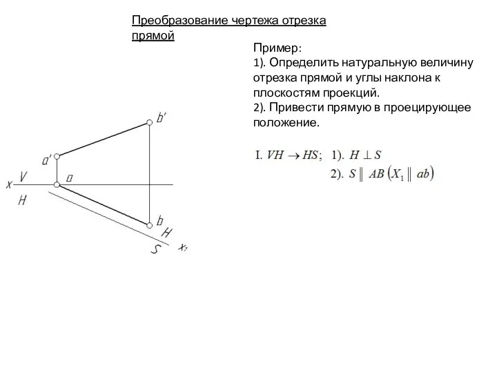 Преобразование чертежа отрезка прямой Пример: 1). Определить натуральную величину отрезка