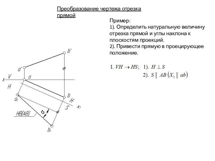 Преобразование чертежа отрезка прямой Пример: 1). Определить натуральную величину отрезка