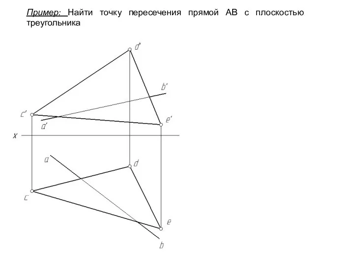 Пример: Найти точку пересечения прямой АВ с плоскостью треугольника