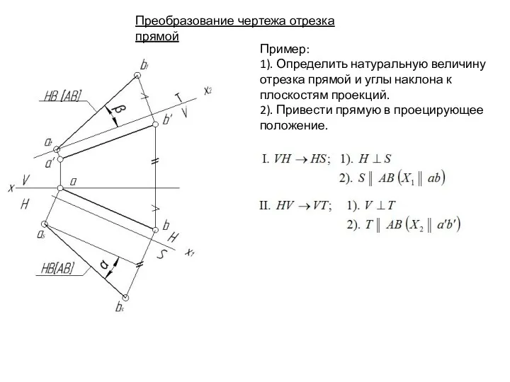 Преобразование чертежа отрезка прямой Пример: 1). Определить натуральную величину отрезка