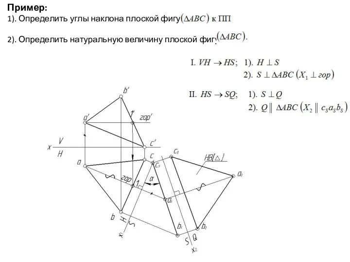 Пример: 1). Определить углы наклона плоской фигуры 2). Определить натуральную величину плоской фигуры