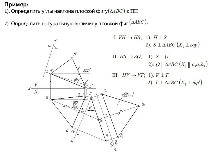 Пример: 1). Определить углы наклона плоской фигуры 2). Определить натуральную величину плоской фигуры