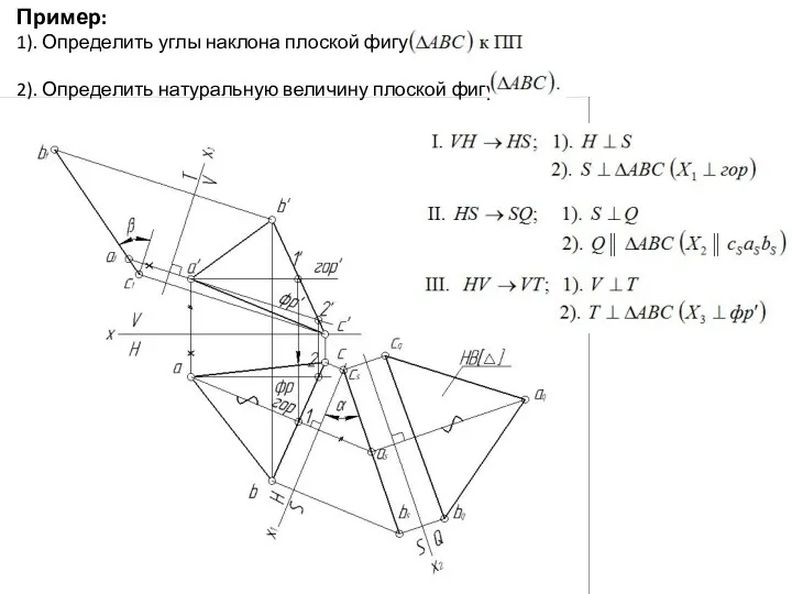 Пример: 1). Определить углы наклона плоской фигуры 2). Определить натуральную величину плоской фигуры