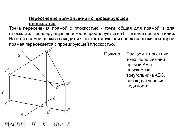 Пересечение прямой линии с проецирующей плоскостью Точка пересечения прямой с