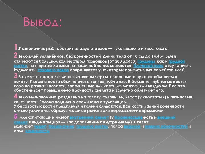 Вывод: 1.Позвоночник рыб, состоит из двух отделов — туловищного и хвостового. 2.Тело змей