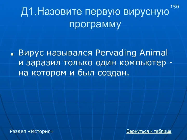 Д1.Назовите первую вирусную программу Вирус назывался Pervading Animal и заразил