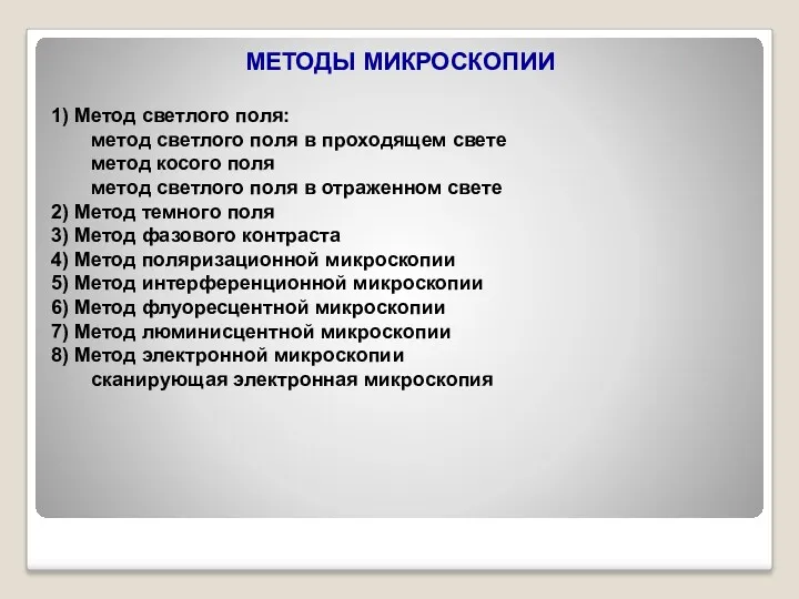 МЕТОДЫ МИКРОСКОПИИ 1) Метод светлого поля: метод светлого поля в