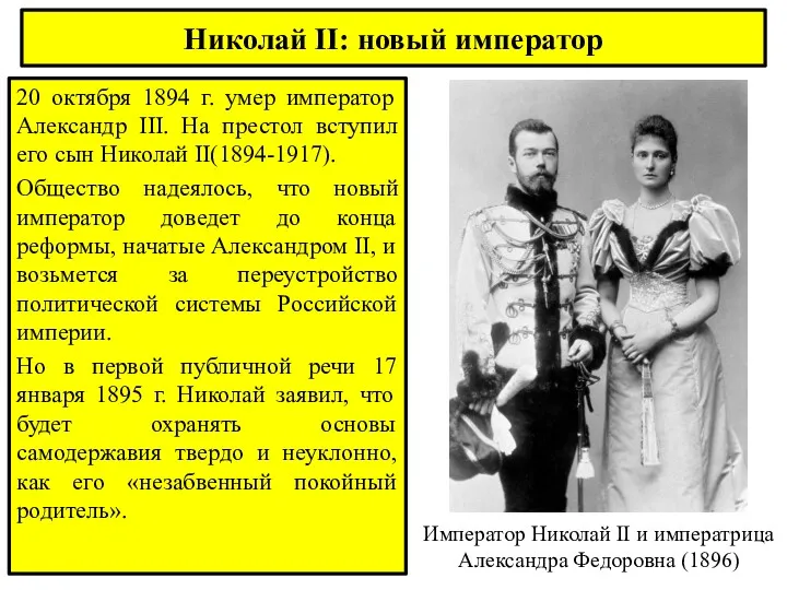 Николай II: новый император 20 октября 1894 г. умер император Александр III. На