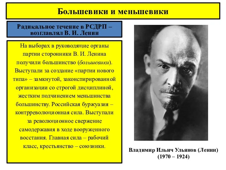 Радикальное течение в РСДРП – возглавлял В. И. Ленин На выборах в руководящие