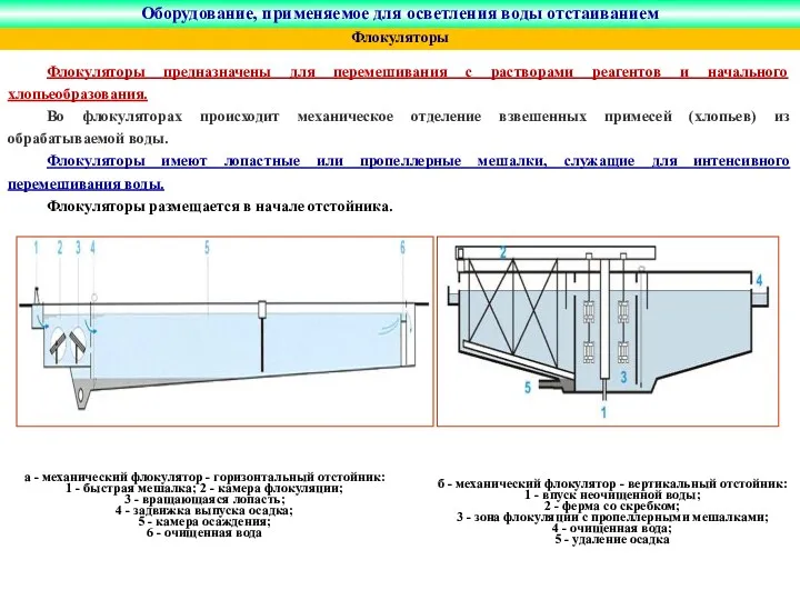 Оборудование, применяемое для осветления воды отстаиванием Флокуляторы предназначены для перемешивания