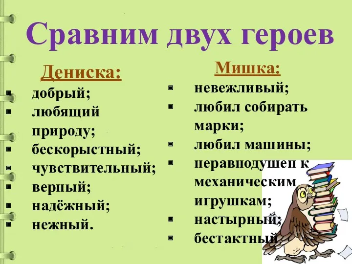 Сравним двух героев Дениска: добрый; любящий природу; бескорыстный; чувствительный; верный;