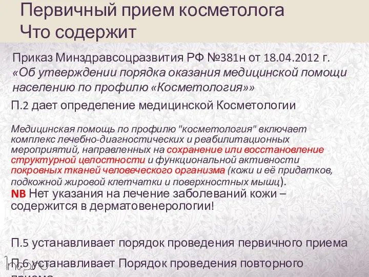 Первичный прием косметолога Что содержит Приказ Минздравсоцразвития РФ №381н от