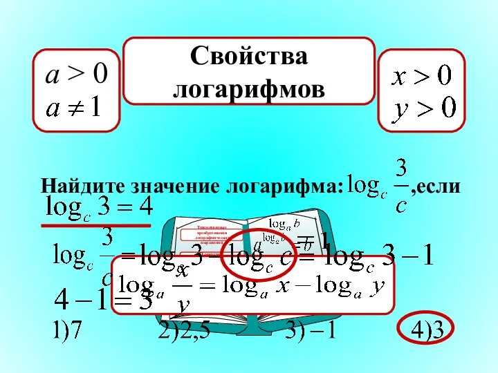 Свойства логарифмов Найдите значение логарифма: ,если