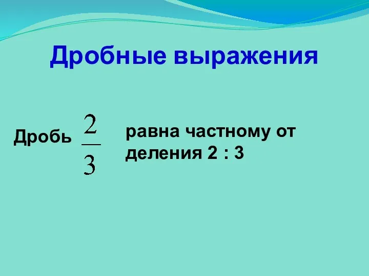 Дробные выражения Дробь равна частному от деления 2 : 3