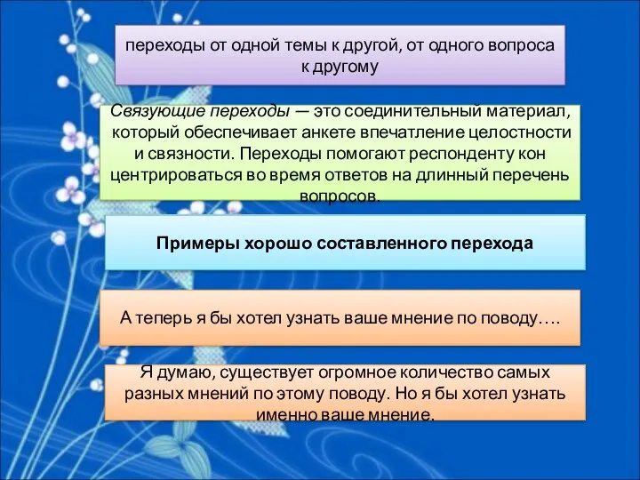 переходы от одной темы к другой, от одного вопроса к