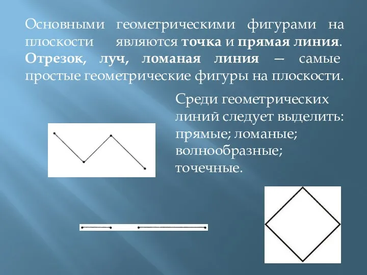 Основными геометрическими фигурами на плоскости являются точка и прямая линия.