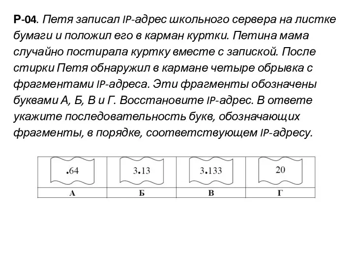 Р-04. Петя записал IP-адрес школьного сервера на листке бумаги и