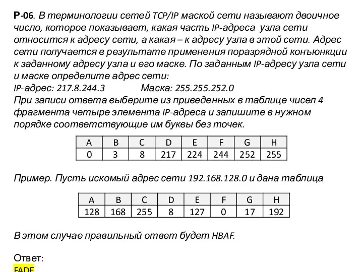 Р-06. В терминологии сетей TCP/IP маской сети называют двоичное число,