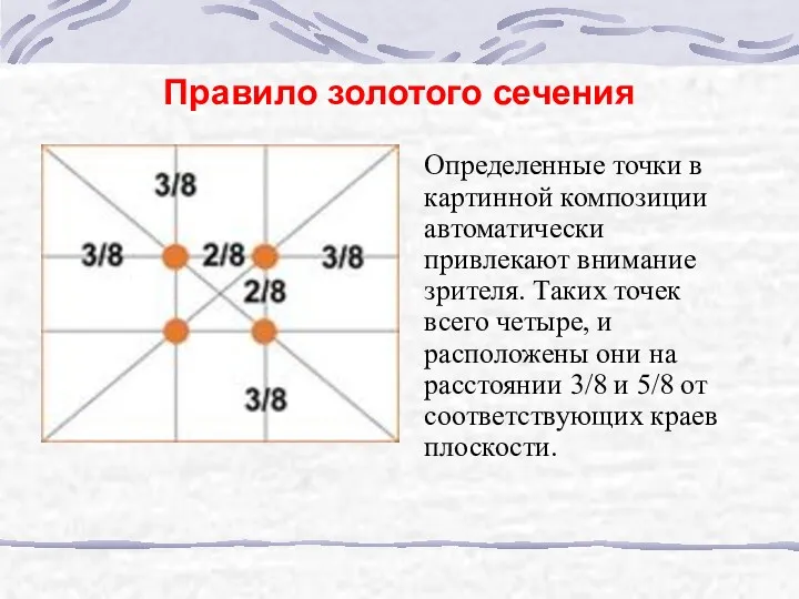 Правило золотого сечения Определенные точки в картинной композиции автоматически привлекают