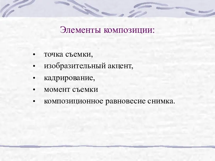 Элементы композиции: точка съемки, изобразительный акцент, кадрирование, момент съемки композиционное равновесие снимка.