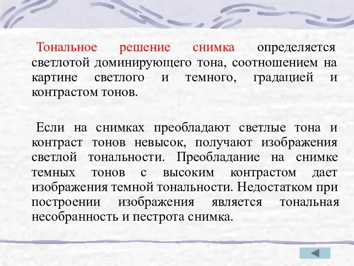 Тональное решение снимка определяется светлотой доминирующего тона, соотношением на картине