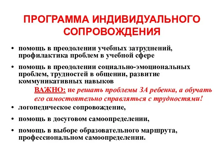 ПРОГРАММА ИНДИВИДУАЛЬНОГО СОПРОВОЖДЕНИЯ помощь в преодолении учебных затруднений, профилактика проблем