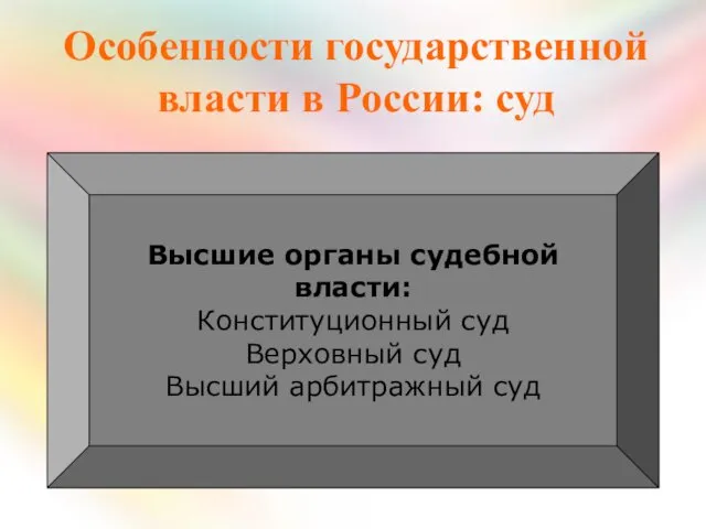 Особенности государственной власти в России: суд Высшие органы судебной власти: