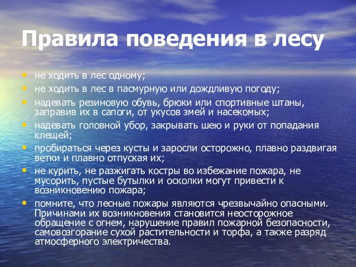 Правила поведения в лесу не ходить в лес одному; не