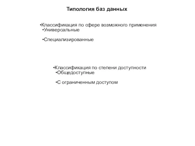 Типология баз данных Классификация по сфере возможного применения Универсальные Специализированные