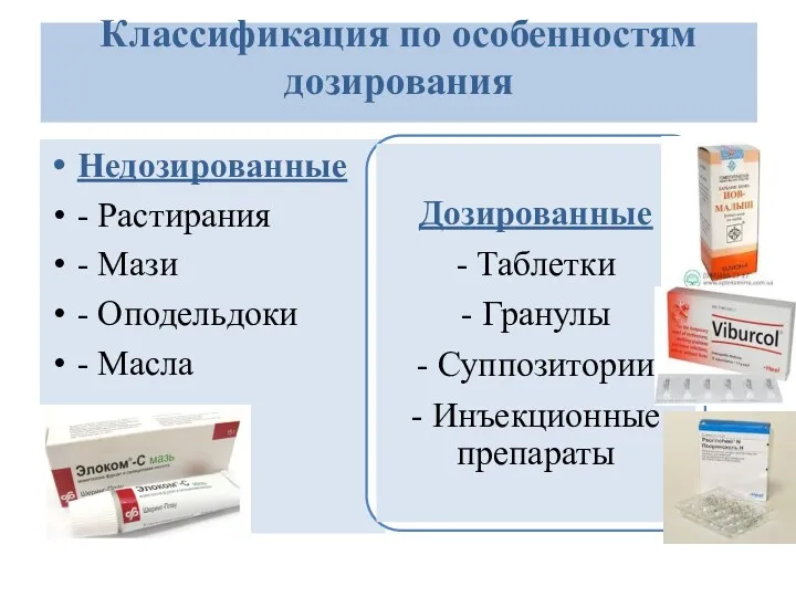 Классификация по особенностям дозирования Недозированные - Растирания - Мази - Оподельдоки - Масла