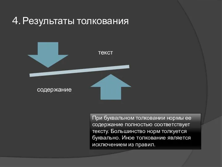 4. Результаты толкования При буквальном толковании нормы ее содержание полностью