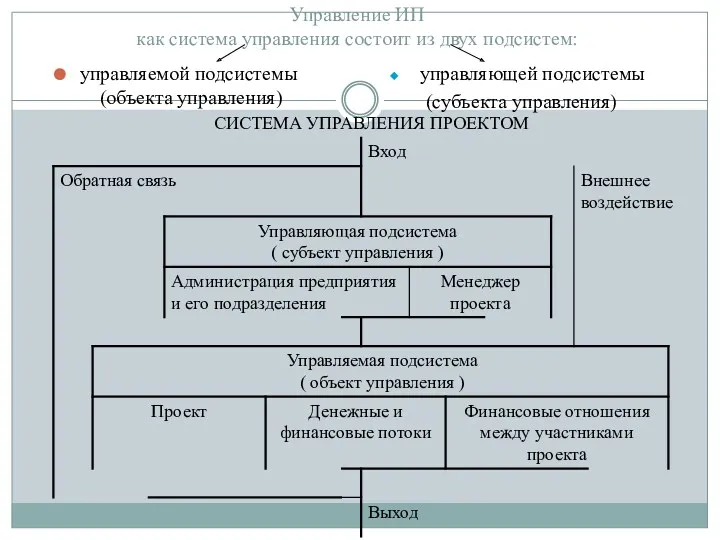 Управление ИП как система управления состоит из двух подсистем: управляемой