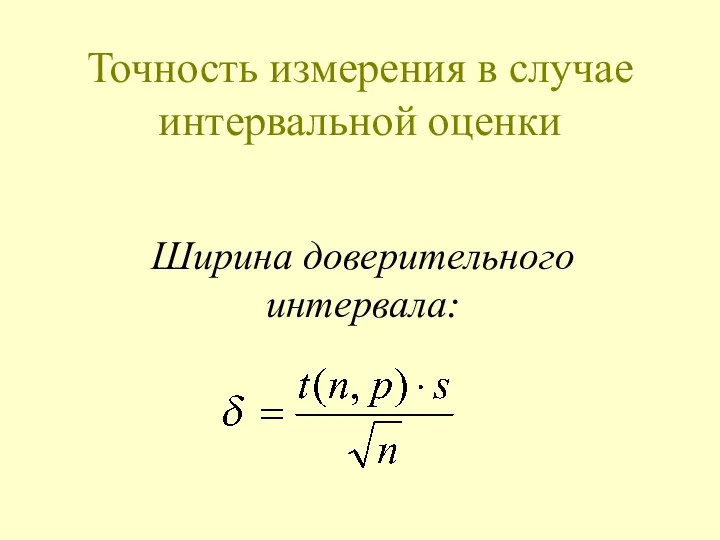 Точность измерения в случае интервальной оценки Ширина доверительного интервала: