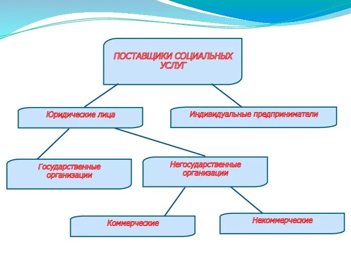 ПОСТАВЩИКИ СОЦИАЛЬНЫХ УСЛУГ Юридические лица Индивидуальные предприниматели Государственные организации Негосударственные организации Коммерческие Некоммерческие