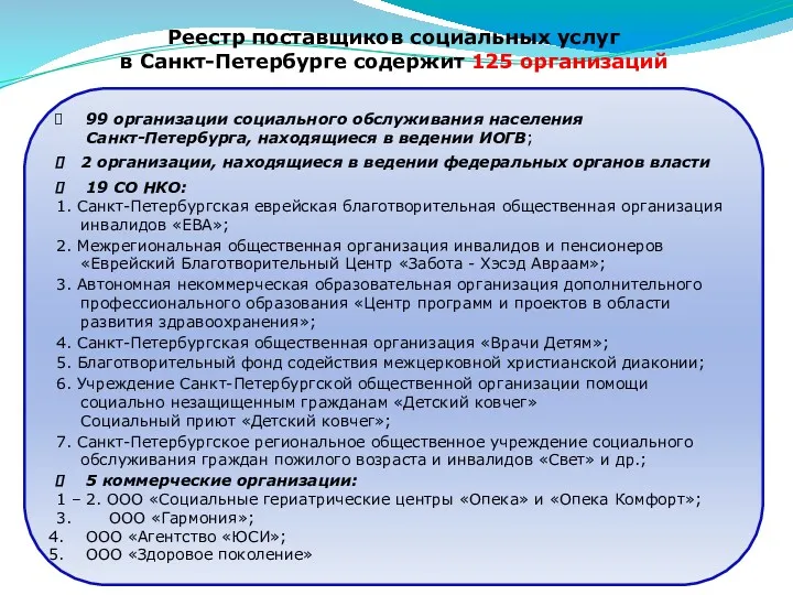 Реестр поставщиков социальных услуг в Санкт-Петербурге содержит 125 организаций 99