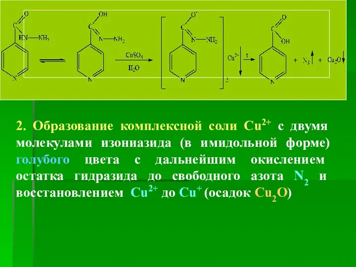2. Образование комплексной соли Cu2+ с двумя молекулами изониазида (в
