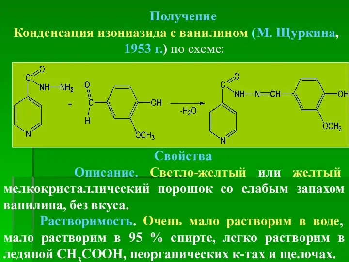 Получение Конденсация изониазида с ванилином (М. Щуркина, 1953 г.) по