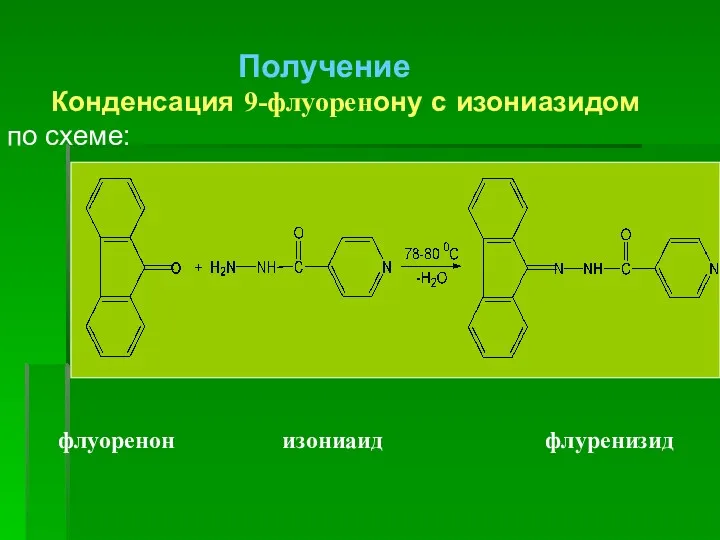 Получение Конденсация 9-флуоренону с изониазидом по схеме: флуоренон изониаид флуренизид