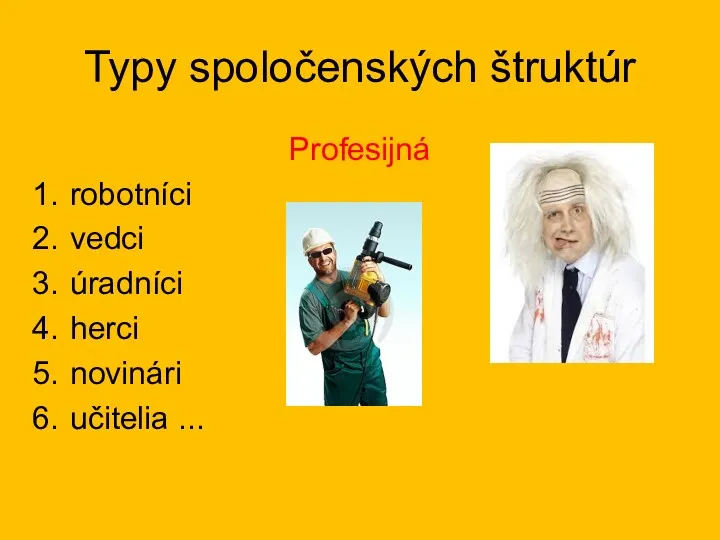 Typy spoločenských štruktúr Profesijná robotníci vedci úradníci herci novinári učitelia ...